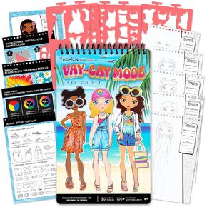 Fashion Angels Vay-Cay Mode Sketch Set, Includes Sketch Pad with Stencils & Stickers, Fashion Design Sketch Book for Girls, Ideal Drawing Kit for Kids