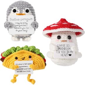 TOYMIS 3pcs Positive Plush, Positive Mushroom & Crochet Taco & Positive Penguin Funny Knitted Toys with Encouragement Cards Emotional Doll Positive Support Gifts and Decorations