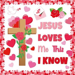 Valentine's Day Christian Bulletin Board Decoration Set Religious Love Heart Rose Cross Cutouts for Church School Classroom Chalkboard Wall Decor