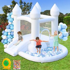 FOOING White Bounce House, Inflatable Bounce House with Air Blower, Jumping Castle Bounce House with Ball Pit for Party, Wedding, Backyard Easy to Set Up, Safe for Family