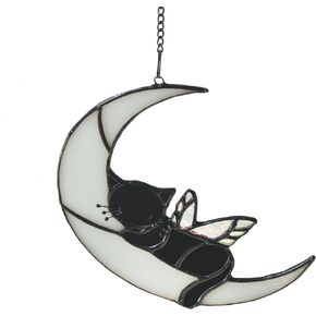 Sleeping Cat with Rainbow Wing On Moon Stained Glass Window Hanging, Angel Cat Memorial Gift, Black Grey Orange Cat Suncatcher, Cat Lover Gift (Black)