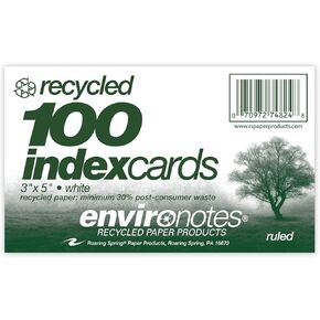 Roaring Spring Recycled Index Cards 3"x5", 100 Count, Smooth 100# White Recycled Index Paper, Ruled on Front, Blank on Back (Pack of 1)