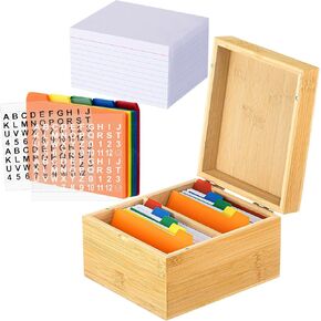 Henoyso Index Card Holder Set 3 x 5 Inches Bamboo Index Cards Organizer, 300 Pcs Note, 30 Pcs Dividers, 2 Sheets Stickers, File Note Box for Office Business Desk