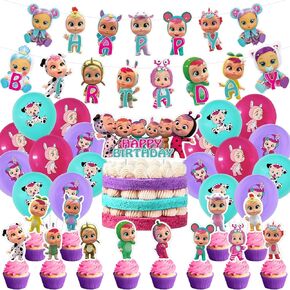 Cartoon Baby Birthday Party Supplies, Including Cake Caps, Cupcake Caps, Flags, Latex Balloons, Foil Balloons, Suitable for Boy's and Girl Themed Birthday Party Supplies