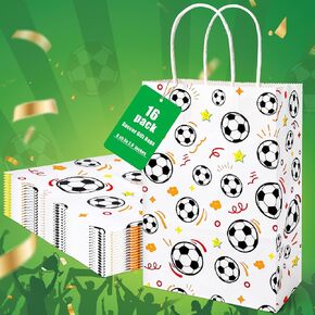 Shindel 16PCS Soccer Gift Bags, Paper Bags with Handles Soccer Goodie Bags Soccer Party Favor Bags Treat Candy Bags for Kids Birthday Gift Giving