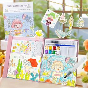 Sea World Watercolor Paint Book - No Mess Pocket Painting Kit for Kids & Toddlers, DIY Postcards, Bookmarks, Schoolbag Pendants, Ocean-Themed Birthday & Christmas Gift, Travel Activity, Foil Craft Set