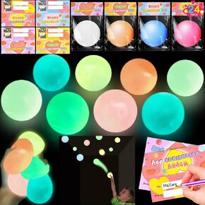 24 Pack Valentine Day Gifts for Kids Ceiling Sticky Balls Glow in The Dark with 24 Valentines Day Cards 6 Colors Stress Relief Fidget Toys Wall Ball Boy Girl Valentines Classroom Exchange Party Favors