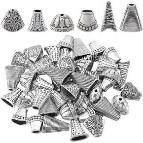 48Pcs 6 Styles Cone Bead Caps Spacer Bead Caps Alloy Antique Silver Tibetan Flower Cones Caps Tassel End Beadings Findings for Jewelry Making DIY Bracelet Necklace Earrings Supply Accessories