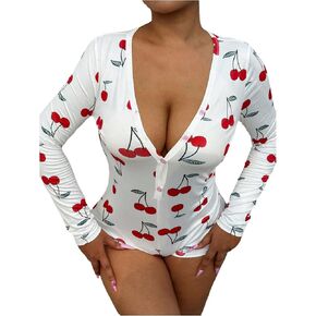 MakeMeChic Women's Cherry Print V Neck Romper Long Sleeve Skinny Button Front Jumpsuits
