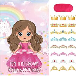 Pin The Crown on The Princess Party Games for Kids Girls Princess Birthday Party Supplies Pin The Tail Game Princess Tea Party Decorations, Large Princess Poster with 24 Crown Stickers