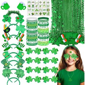 180 PCS ST Patricks Day Accessories Party Favors Supplies Decorations with Shamrock Headband Necklace Sunglasses Bracelet Tattoo Stickers