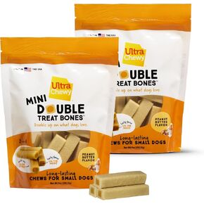 Ultra Chewy Mini Double Treat Bones: Long-Lasting Dog Treats Made in USA, Highly Digestible, Ideal for Aggressive Chewers 9oz (Peanut Butter, 2 Packs)