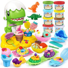 Color Dough Sets for Kids Ages 4-8，Dinosaur Theme Dough Ice Cream Set，Dough Tools Accessories Set for Kids Ages 4，with 3D molds & 8 Cans Color Dough，Gift for 3 4 5 6 7 8 Year Old Girls Boys
