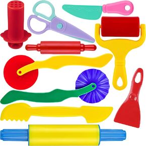 Playdough Tool Set for Kids, 10 PCS Basic Playdough Starter Set, Playdough Accessories with Pizza Cutter, Safety Scissors, Rolling Pin, Roller, Dough Extruder, Plastic Playdough Toys
