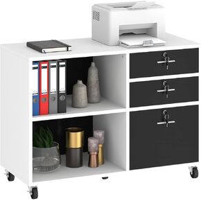 YITAHOME Wood File Cabinet, 3 Drawer Mobile Lateral Filing Cabinet, Storage Cabinet Printer Stand with 2 Open Shelves for Home Office Organization, White, 35.0"*15.6"*25.6"(L*W*H) (Wheels Included)