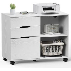 3-Drawer Wood File Cabinet with Lock, Lateral Mobile Filing Cabinet with 5 Wheels, Printer Stand with Open Storage Shelves for Home Office, Under Desk Organization, White