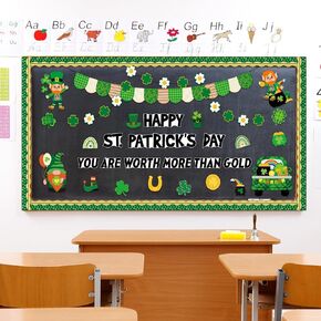 Pasimy 75 Pcs St. Patrick's Day Bulletin Board Decoration Set Shamrock Cutouts Bulletin Border Sticker Green Lucky Clover Truck Gnome Green Plaid Paper Cutout For Irish Classroom Chalkboard Wall Decor