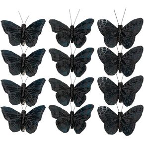 Wandelande Co.-Halloween Black Feathered Butterfly Decorations, 12 Pack