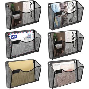Hanging File Organizer with Label Panel 6 Single Pocket Wall Mount File Holder Mesh File Folder Basket for Wall, Black
