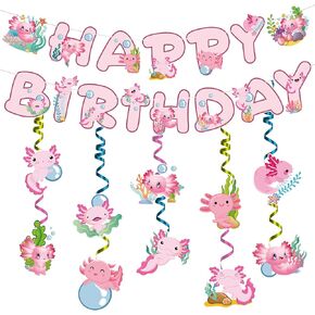 Axolotl Happy Birthday Banner - 12PC Pink Birthday Decor Backdrop Sign Party Supplies Set Cute Animals Photo Background Supplies Hanging Swirls Decorations Girls Boys Women Men Children Kids