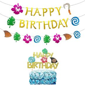 JeVenis Glittery Moana Birthday Banner Moana Cake Topper Moana Birthday Party Decoration Hawaiian Birthday for Tropical Luau Summer Party