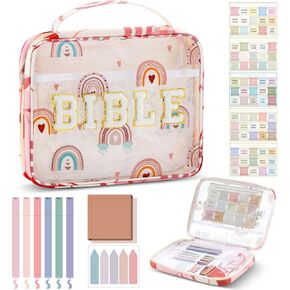 Large Chenille Letter PU Leather Bible Cover for Woman with Bible Tabs 6 Colored Gel Pen Highlighters 11.02 x 8.46 x 1.97 Bible Case with Shoulder Strap for Study Bible Tote Bag Gifts