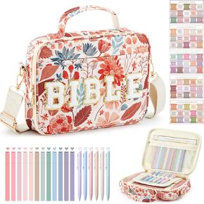 10.2 x 7.9 x 2.2 Inch Chenille Letter Bible Cover for Women with Boho Bible Tabs 6 Colored Gel Pen 12 Highlighters Bible Case with Shoulder Strap for Study Bible Tote Bag Christian Gifts