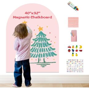 40"x32" Magnetic Wall Decal Self Adhesive Wall Sticker Chalkboard with 6 Dust-Free Chalks, Wipe Cloth, Chalk Holder, Numbers, Letters, Fruit Cards for Kids Playroom, School, Home Decor