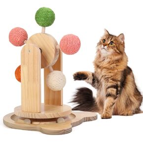 Cat Wheels for Indoor Cat,2-in-1 Cat Toy Ball Track,Interactive Cat Scratching Ball Toy Cat Scratcher Ball Solid Wooden Base