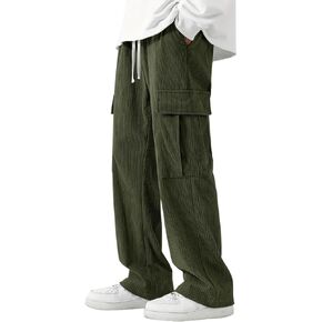 Men's Casual Cargo Pants Elastic Drawstring Waist Pants Straight-Legs Tactical Pants with Multi Pockets