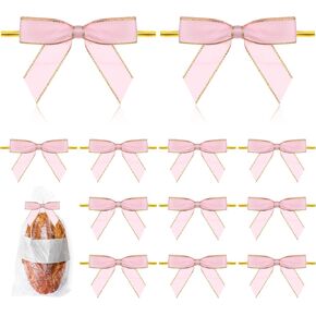 50Pcs Pink Bows for Crafts, Twist Tie Bows Mini DIY Satin Ribbon Bow Pre-Tied Gift Bows with Gold Edge for Gift Wrap Bags Party Favors Baked Goods Cookies Bridal Shower Halloween Party (Pink)