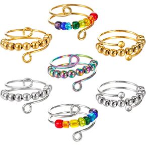 7 Pieces Anxiety Ring For Women, Adjustable Fidget Ring Anti Anxiety Ring with Beads Rotatable Fidget Rings for Anxiety