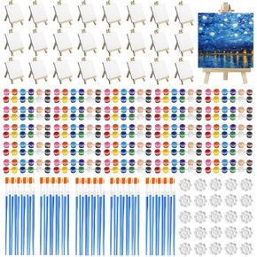 25 Set Mini Canvas and Easel Set, 4 x 4 inch Kids Mini Canvases for Painting with Mini Wood Easels + Acrylic Paints + Brushes + Palettes, Paint Party Supplies Mini Canvases Painting Kit for Kids