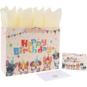 13" Large Dog Happy Birthday Gift Bag Set with Handles, Greeting Card, Tissue Papers and Stickers for Girl Boy Kid Women Men, Cream Puppy Design, 1 Pcs