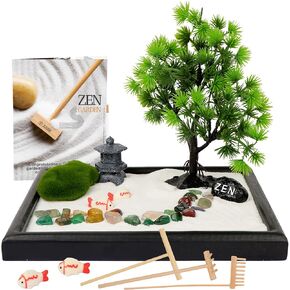 Yaro Mini Zen Garden for Desk 12 Items - Kinetic Sand Home Decor & Meditation Kit - Japanese Zen Garden for Office - White Sand & Relaxing Desk Accessories - 8x7in Table Decor for Relaxation Gifts