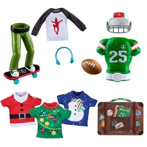Scout Elf On The Shelf Clothes & Accessories Bundle - 1x Christmas T-Shirt Party Pack, 1x Snowflake Touchdown Tidings Set & 1x Holly Jolly Ollie Skateboard Set - Boy Elf Clothes Outfits