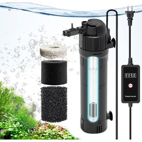 Aquarium Fish Tank Submersible Filter: U - V Function with Timer Clean Green Water, 6 in 1 with Ammonia Reducer Media, 200GPH for 20-120 Gallon Tank