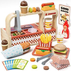 Lehoo Castle Wooden Play Food Sets, Toy Food for Kids Ages 4-8, Play Food Sets for Kids Kitchen, Play Hamburger Counter Shop, Fake Food Pretend Play for Toddlers 3-5