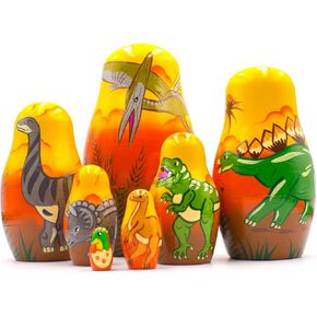 AEVVV Dinosaur Nesting Dolls Set of 7 pcs - Matryoshka Doll with Dinosaur Figurines - Wooden Dinosaur - Dinosaur Room Decor - Nesting Dolls Dinosaur