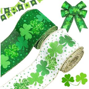 20 Yards St. Patrick's Day Wired Edge Ribbon 2.5In Green Gold Shamrock Polka Dots Fabric Ribbon Irish Decorative Craft Ribbon for Holiday Wrapping DIY Making Bow Wreath