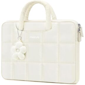 MOSISO 13-14 inch Laptop Case, 13.3 inch Puffy Laptop Sleeve Compatible with MacBook Air 13 13.6/Pro 13/Pro 14, HP, Dell, Lenovo, Rectangle Quilted Computer Sleeve Bag with Handle&Flower Pendant, Sand