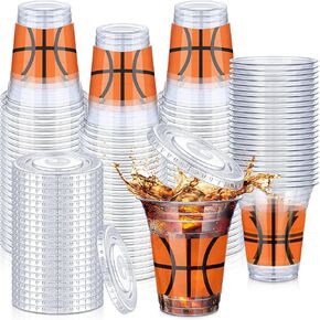 Domensi 50 Sets 16 oz Basketball Plastic Cups with Dome Lids Basketball Clear Iced Coffee Cups Drinking Disposable Bulk with Flat Straw Slot Lids for Sport Party Supplies Favor
