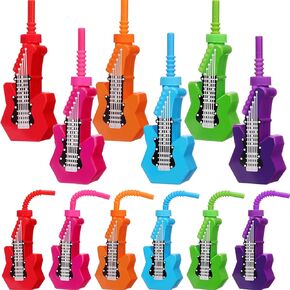 Tanlade 12 Pcs Electric Guitar Cups with Straws 10 oz Plastic Music Theme Cups Rock and Roll Retro 80s 90s Birthday Party Supplies for Birthday Baby Shower Party Favors Guitar Lovers Gifts