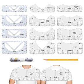 14 Piece Tshirt-Ruler Guide to Center Vinyl, Reusable T-Shirt Guide Ruler, Round Neck and V-Neck Alignment Tool, Suitable for Children, Teenagers and Adults