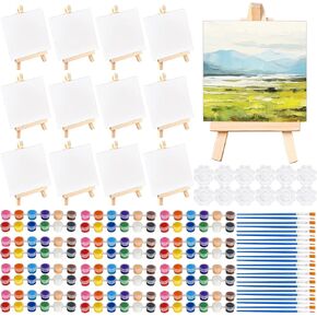 12 Sets Printed Canvas Paint Art 12 Pcs Wooden Easel Set Paint Pots and Brushes and 12 Blank Drawn Canvas Panel for Boys Girls（4x4IN）