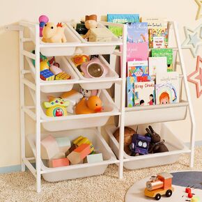 Kids Bookshelf and Toy Organizer, 4-Tier Toy Storage with 7 Removable Plastic Bins, Montessori Bookshelf Storage for Kids & Toddlers, Nursery Book Shelves for Playroom, Bedroom, Kids Room,White