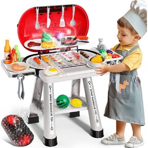68Pcs Kids Grill Playset Kitchen Toys Set, with Light, Sound & Play Food, Cooking Toy Set for Kids, Birthday Gifts for 8-12 Years Old Boy Girls, Indoor and Outdoor Kitchen Playset for Kids