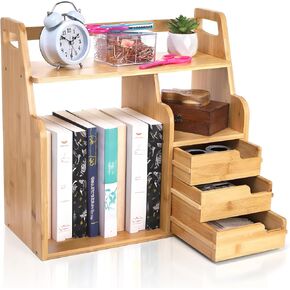 Fasmov Bamboo Desktop Bookshelf, Office Desk Bookshelf Organizer with 3 Drawers, Desk File Organizer Display Shelf Book Rack Bamboo Tabletop Storage Organization for Office Home School