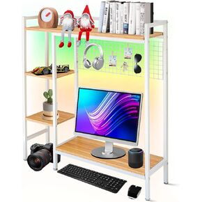رف كتب المكتب المكتبي المكون من 4 مستويات مع لوحة RGB Light Strip & Grid ، 37.4 "رف منظم سطح المكتب القابل للتعديل لشاشات الكمبيوتر ، رف تخزين الخشب والصلب الصلب ، المكتب المنزلي ، المسكن (أبيض)
