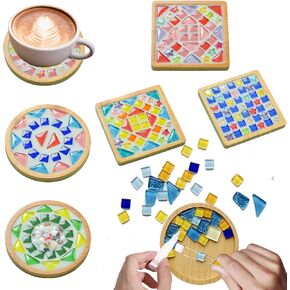 KDBDSYZB 6 Sets DlY Mosaic Tiles for Crafts,Mixed Color Glass Mosaic Kits with Wooden Coaster for Adults,DlY Coasters Kit Mosaic Supplies for Handmade Home Decoration Gift (Square and Round)